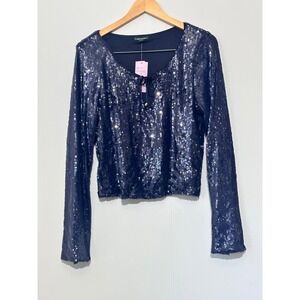 Wild Fable Sequin Top Women Large Navy Blue Long Sleeve Keyhole